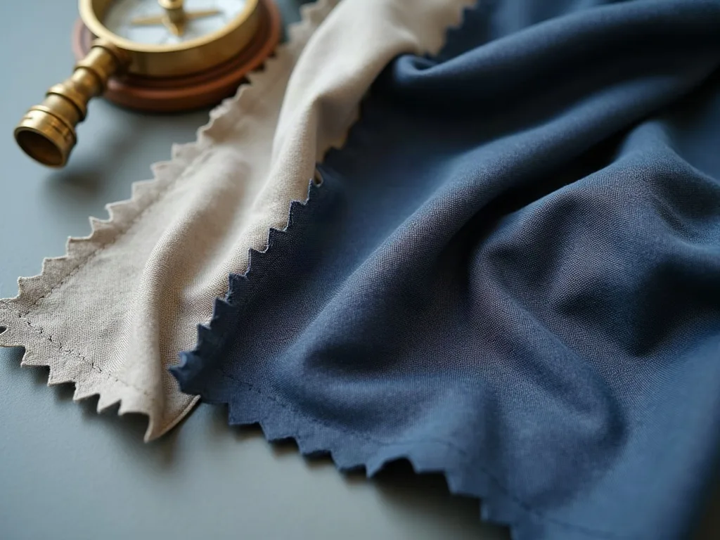 Deux échantillons aux bords dentelés, beige mat et bleu marine drapé, posés sur une surface grise sous lumière douce.