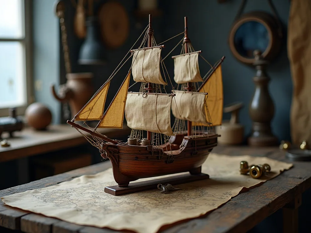 Maquette d'un trois-mâts en bois aux voiles de toile écrue, posée sur une carte ancienne dans un atelier.