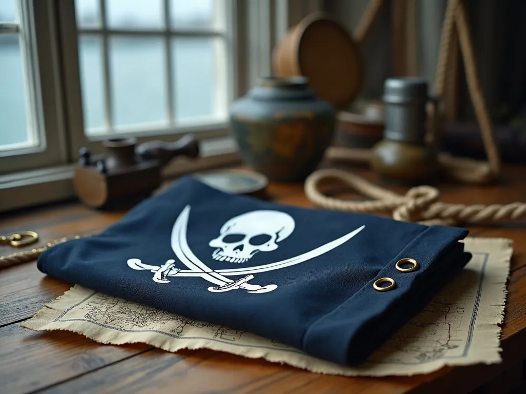 Pavillon pirate bleu marine plié sur une carte, œillets en laiton visibles le long de la bordure renforcée.