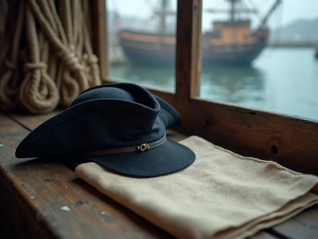 Tricorne de feutre noir posé sur un carré de toile écrue, planches usées et cordages près de la fenêtre du port.