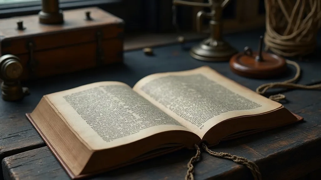 Un volume ancien ouvert sur une table en bois sombre, papier épais jauni et texte serré, près d'un coffret ferré et d'un cordage.