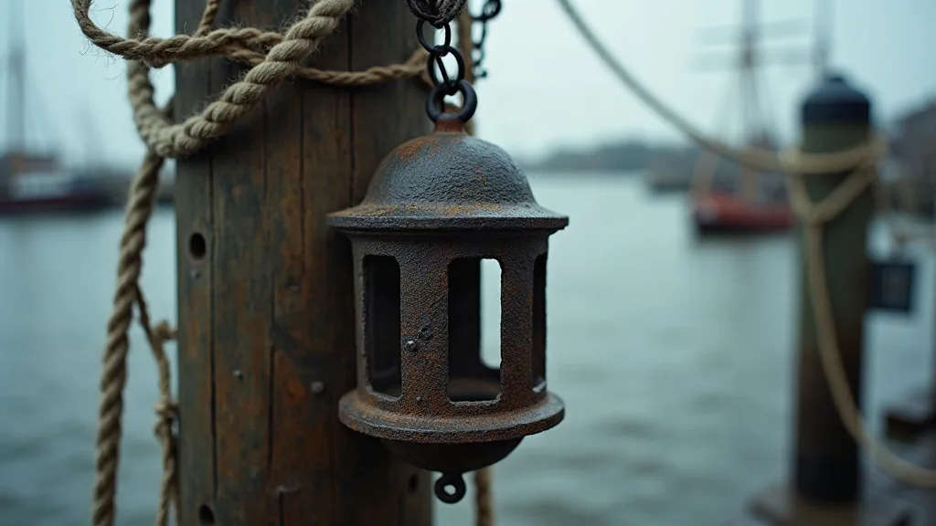 Cage de fer rouillée suspendue à un pieux de bois cerclé de cordages, face aux eaux grises de l'estuaire.