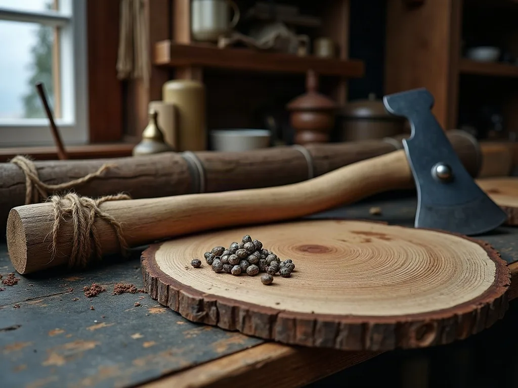Une hache à main et un maillet posés près d'une rondelle de chêne, quelques éclats sur l'établi d'atelier.