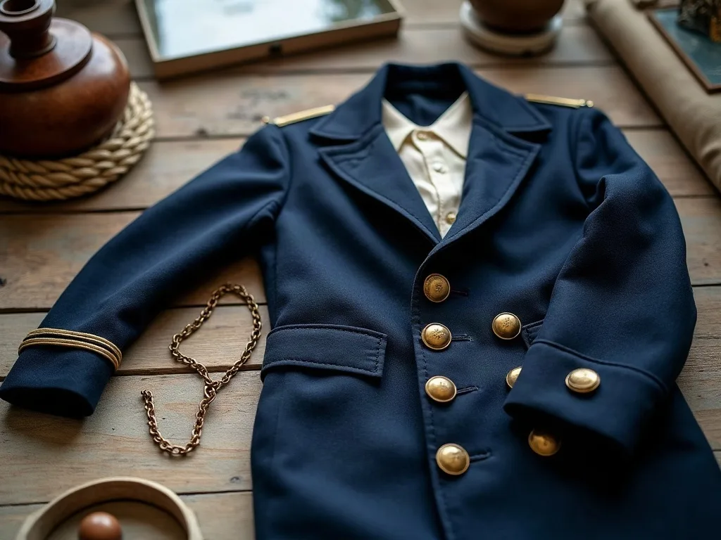 Veste de marine bleu nuit à double rangée de boutons dorés et galons de manche, posée sur une table en bois usé près d'une chemise crème et d'une chaîne en laiton.