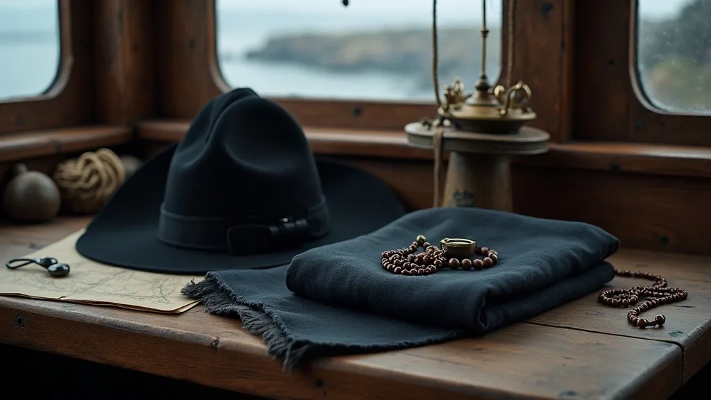 Robe noire pliée, chapeau à larges bords et chapelet de bois sur la table d'une cabine, près d'une carte et d'une lampe en laiton.