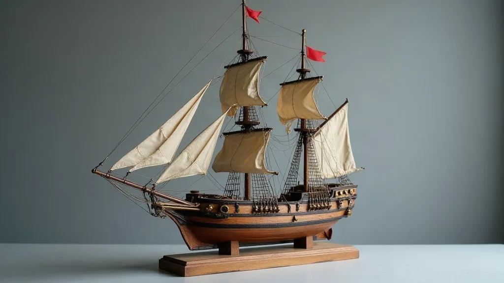 Maquette de vaisseau à trois mâts, coque en bois verni, voiles de toile écrue et petits pavillons rouges, posée sur son socle.