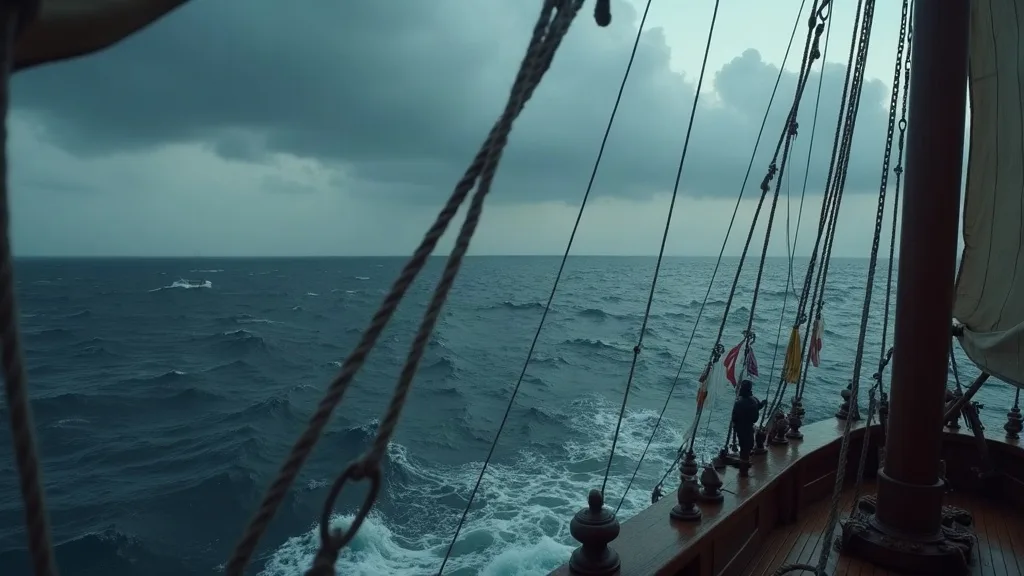 Gréement d'un voilier sur l'océan Atlantique agité sous un ciel chargé de nuages gris.