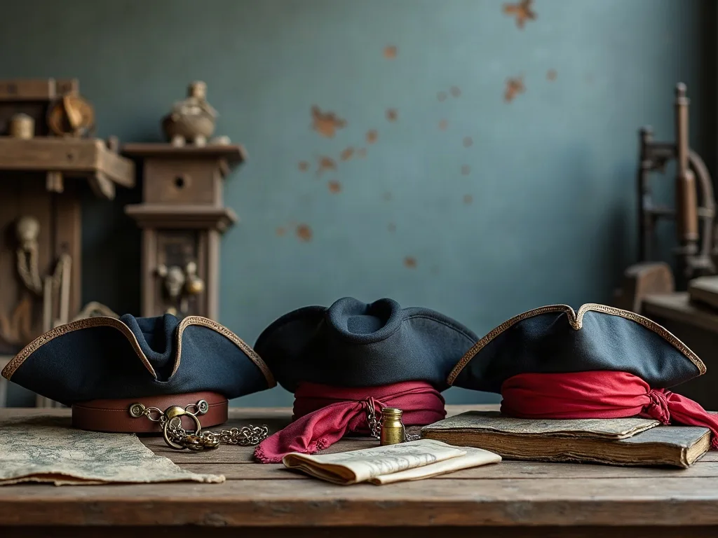 Trois coiffes de pirate alignées sur une table en bois: tricornes bordés de galon, foulards rouges, chaîne en laiton et vieux carnet.