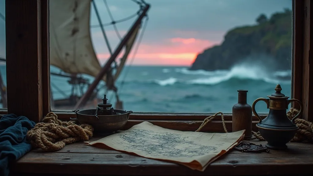 Carte marine et objets de navigation sur un rebord de fenêtre donnant sur l'océan au coucher de soleil.