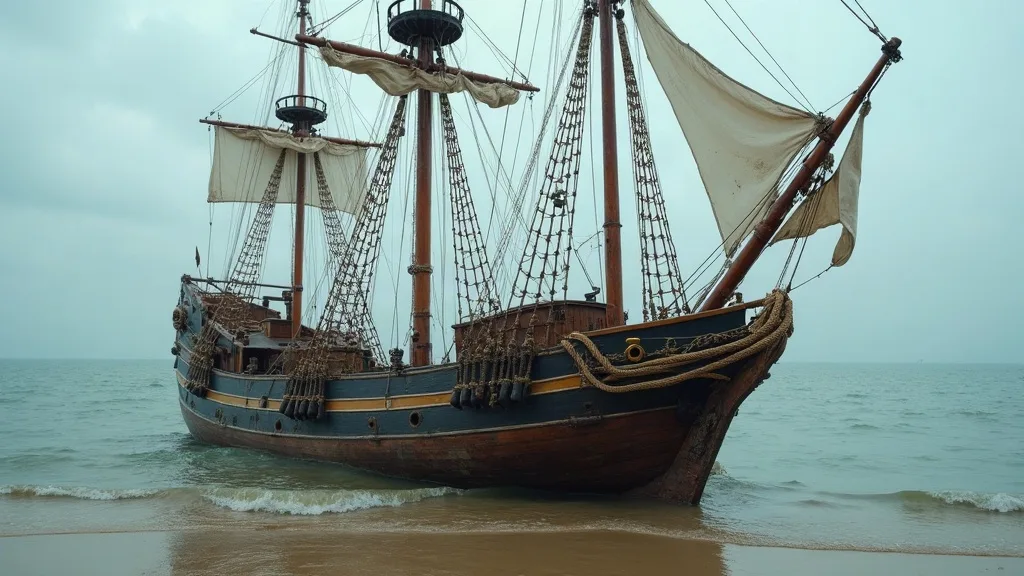 Trois-mâts en bois échoué près du rivage à marée basse, coque à nu, voiles carguées et gréement affaissé sous un ciel gris.