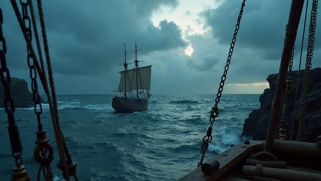 Voilier à trois mâts naviguant en mer agitée, vu depuis le pont d'un navire ancré près de rochers rocheux.