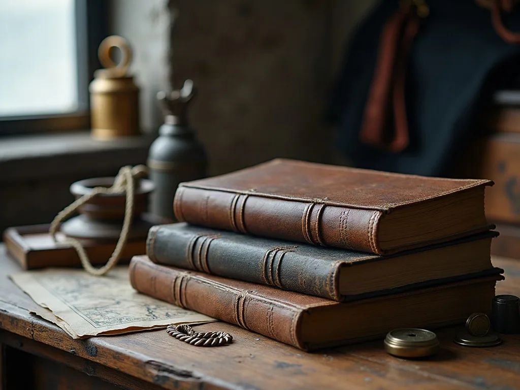 Trois volumes reliés en cuir empilés sur une table en bois, près d'une carte jaunie et d'une boussole de laiton.