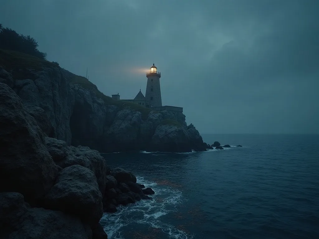 Phare allumé sur une falaise rocheuse dominant l'océan à la tombée du jour, son faisceau lumineux perçant le crépuscule.