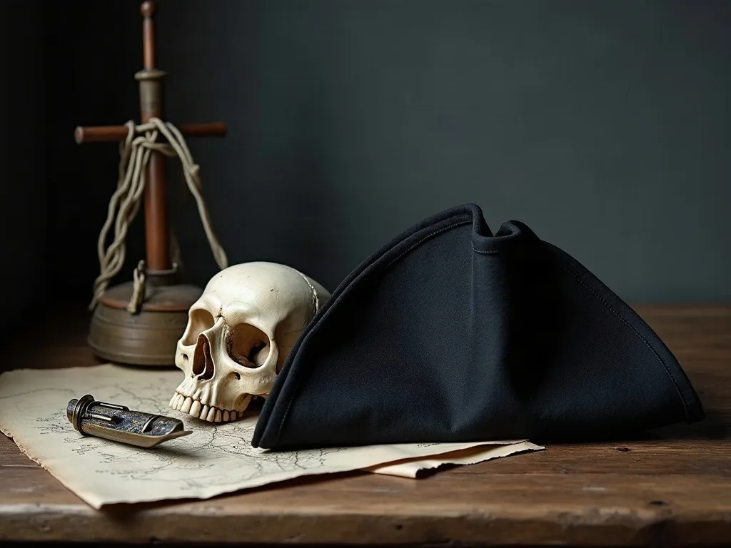 Tricorne de feutre noir posé sur une carte ancienne, près d'un crâne blanchi et d'une lanterne de cuivre.
