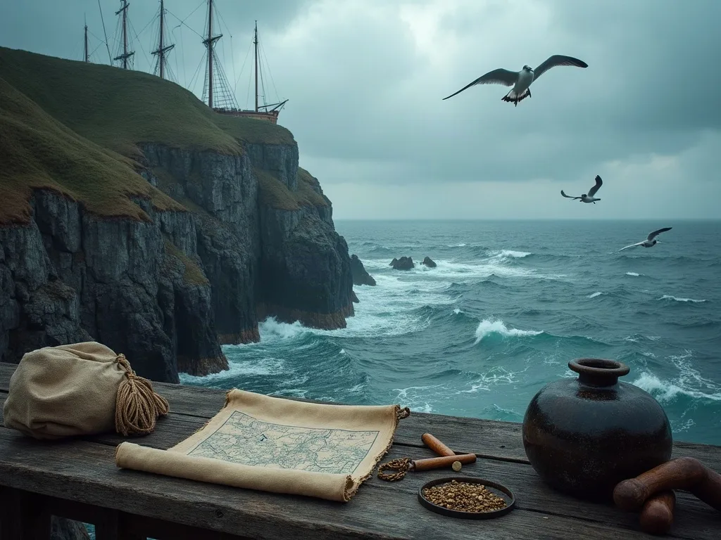 Voilier ancré sur une falaise rocheuse avec carte, provisions et oiseaux marins survolant la mer agitée.