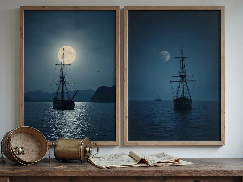 Deux marines nocturnes encadrées de bois clair, l'une lumineuse, l'autre plus sombre et voilée, au-dessus d'une console en bois brut portant lanterne et carte marine.