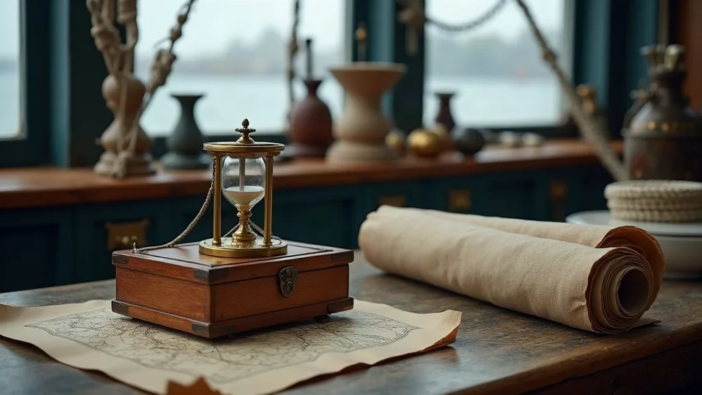 Sablier en laiton posé sur un coffret de bois, carte dépliée et rouleau de toile sur une table de bord usée.