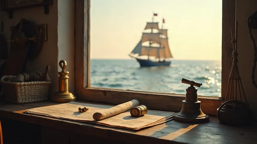 Cartes marines et télescope sur un bureau face à un navire à voiles à l'horizon au coucher du soleil.