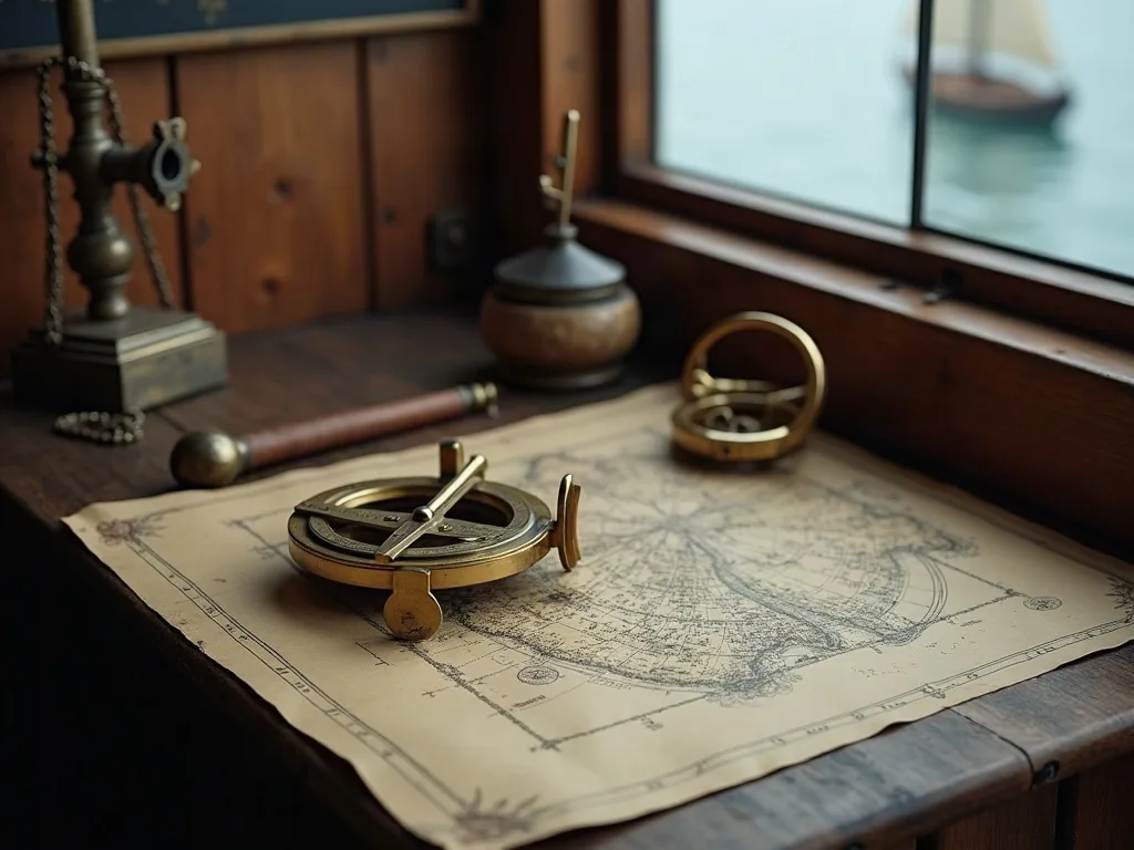 Astrolabe de laiton et instruments posés sur une carte, dans la cabine d'un navire près du hublot.