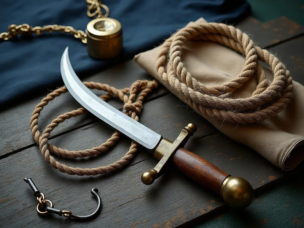 Coutelas court à garde de laiton, cordage de chanvre lové et crochet de fer sur un pont de bois usé.