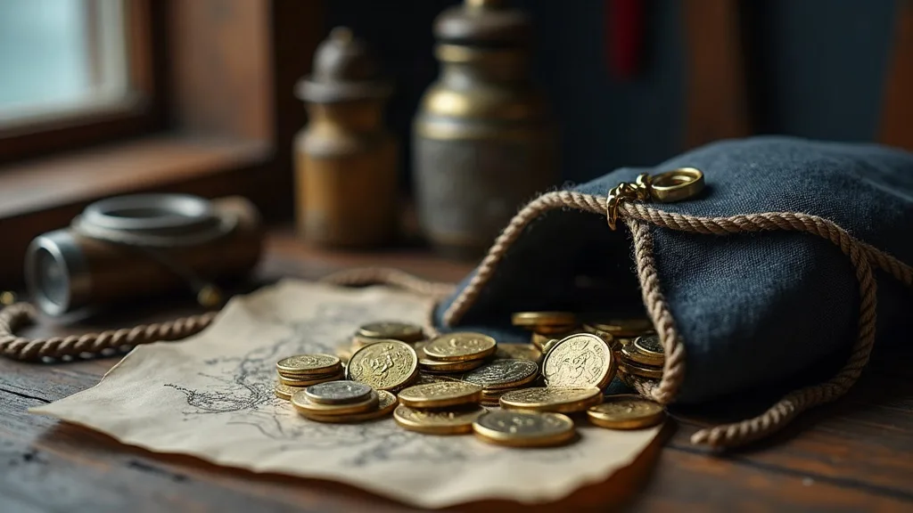 Des pièces dorées échappées d'une bourse de toile sombre, répandues sur une carte froissée posée sur une table de bois.