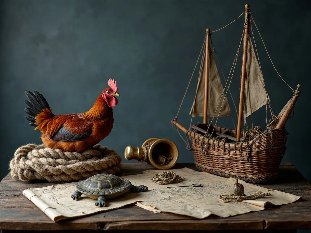 Sur une table usée, une poule perchée sur un cordage, une carapace de tortue et un navire d'osier posés sur une carte marine.