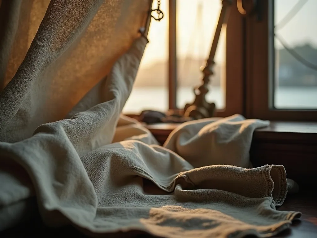 Voile de lin beige aux plis naturels, éclairée par la lumière du jour traversant ses fibres tissées.